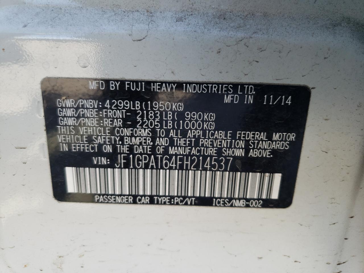 Photo 10 from auction – 2015 SUBARU IMPREZA SP with VIN JF1GPAT64FH214537