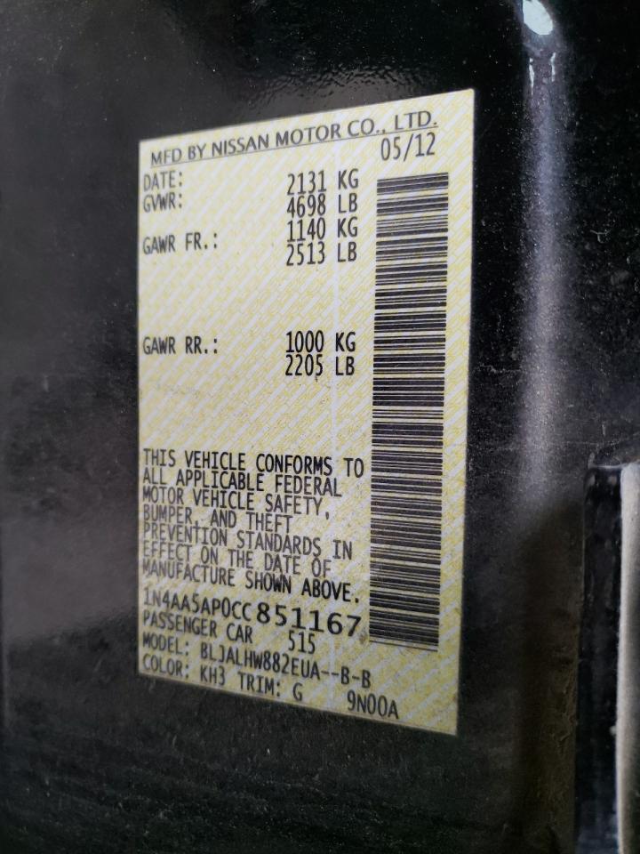 Photo 10 from auction – 2012 NISSAN MAXIMA S with VIN 1N4AA5AP0CC851167