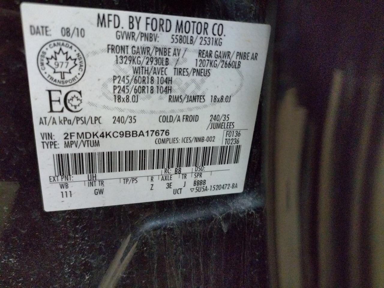 Photo 10 from auction – 2011 FORD EDGE LIMIT with VIN 2FMDK4KC9BBA17676