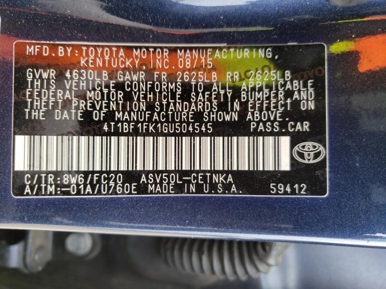 Photo 10 from auction – 2016 TOYOTA CAMRY LE with VIN 4T1BF1FK1GU504545