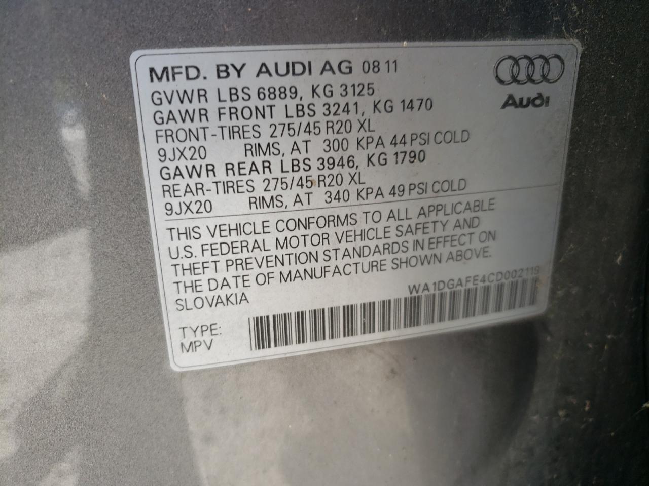Photo 10 from auction – 2012 AUDI Q7 PRESTIG with VIN WA1DGAFE4CD002119