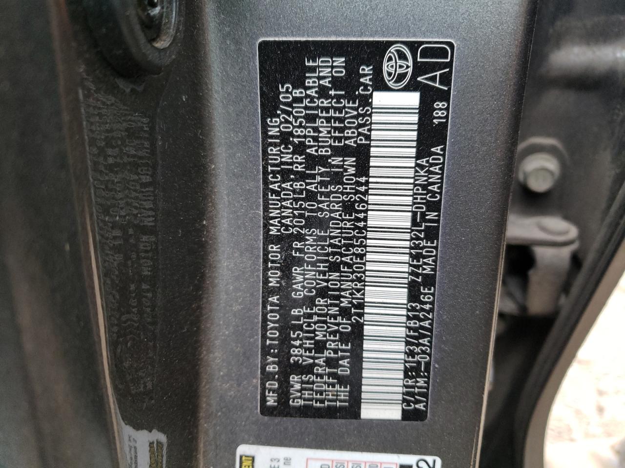 Foto 10 de la subasta – 2005 TOYOTA COROLLA MA con VIN 2T1KR30E85C446244