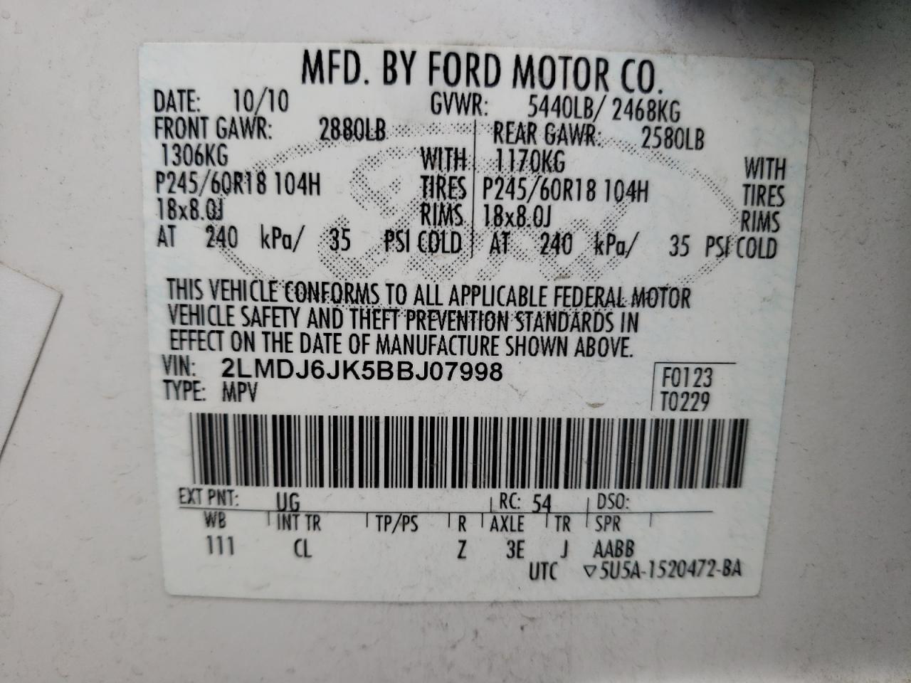 Photo 10 from auction – 2011 LINCOLN MKX with VIN 2LMDJ6JK5BBJ07998