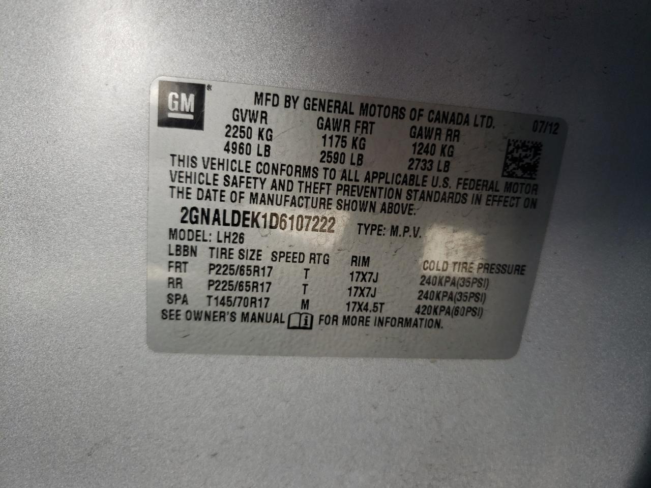 Photo 10 from auction – 2013 CHEVROLET EQUINOX LT with VIN 2GNALDEK1D6107222