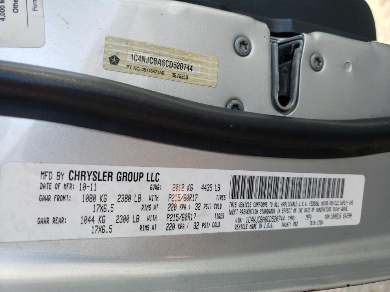 Photo 10 from auction – 2012 JEEP COMPASS SP with VIN 1C4NJCBA6CD520744