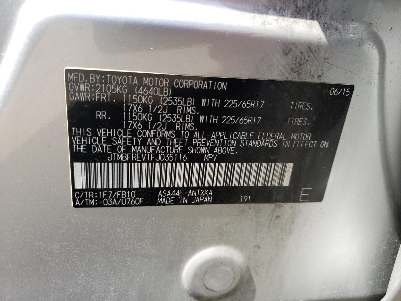 Photo 10 from auction – 2015 TOYOTA RAV4 LE with VIN JTMBFREV1FJ035116