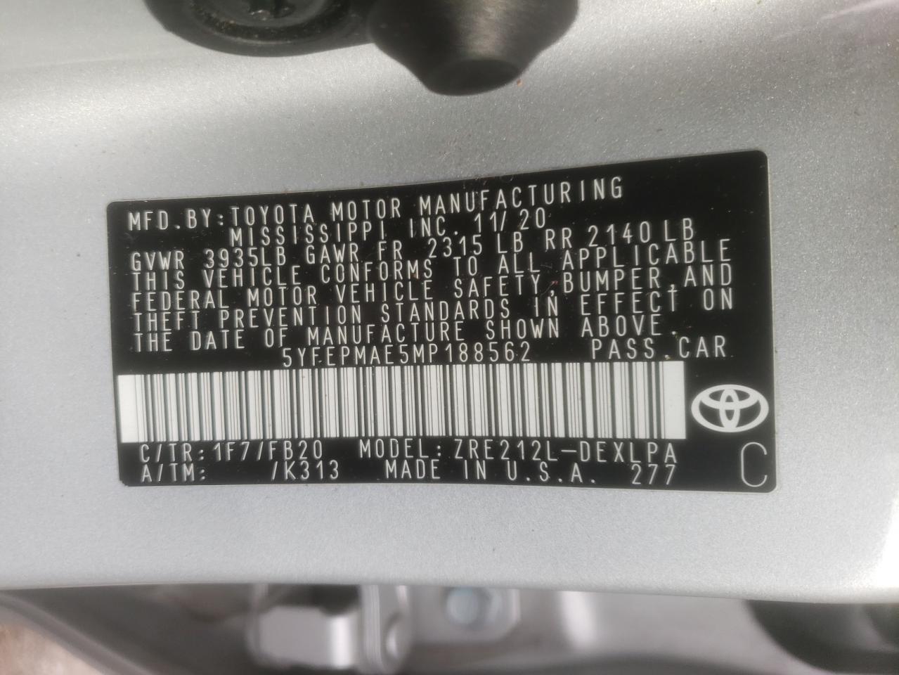 Photo 10 from auction – 2021 TOYOTA COROLLA LE with VIN 5YFEPMAE5MP188562