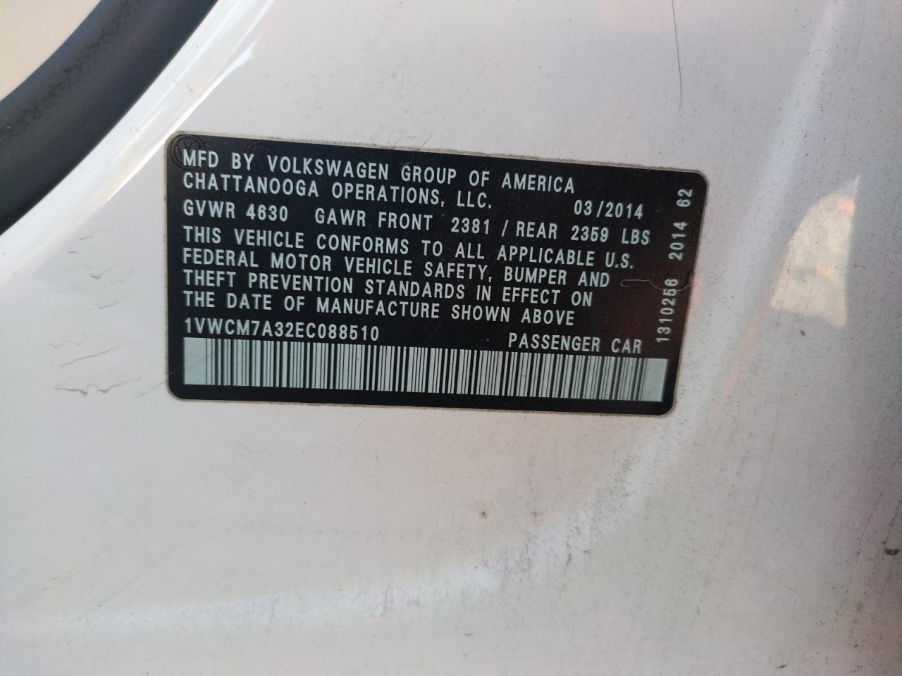 Photo 10 from auction – 2014 VOLKSWAGEN PASSAT SEL with VIN 1VWCM7A32EC088510