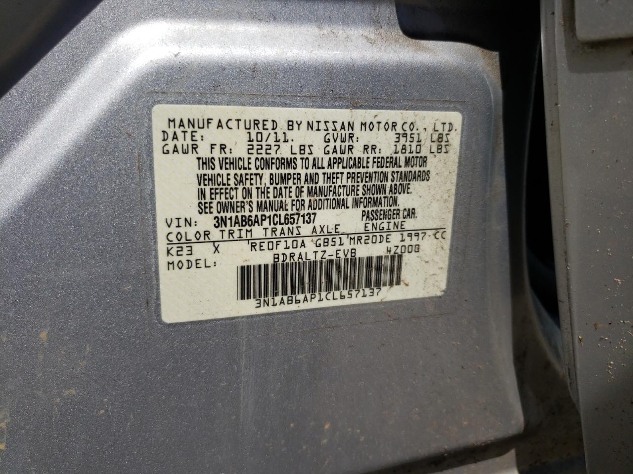 Photo 10 from auction – 2012 NISSAN SENTRA 2.0 with VIN 3N1AB6AP1CL657137