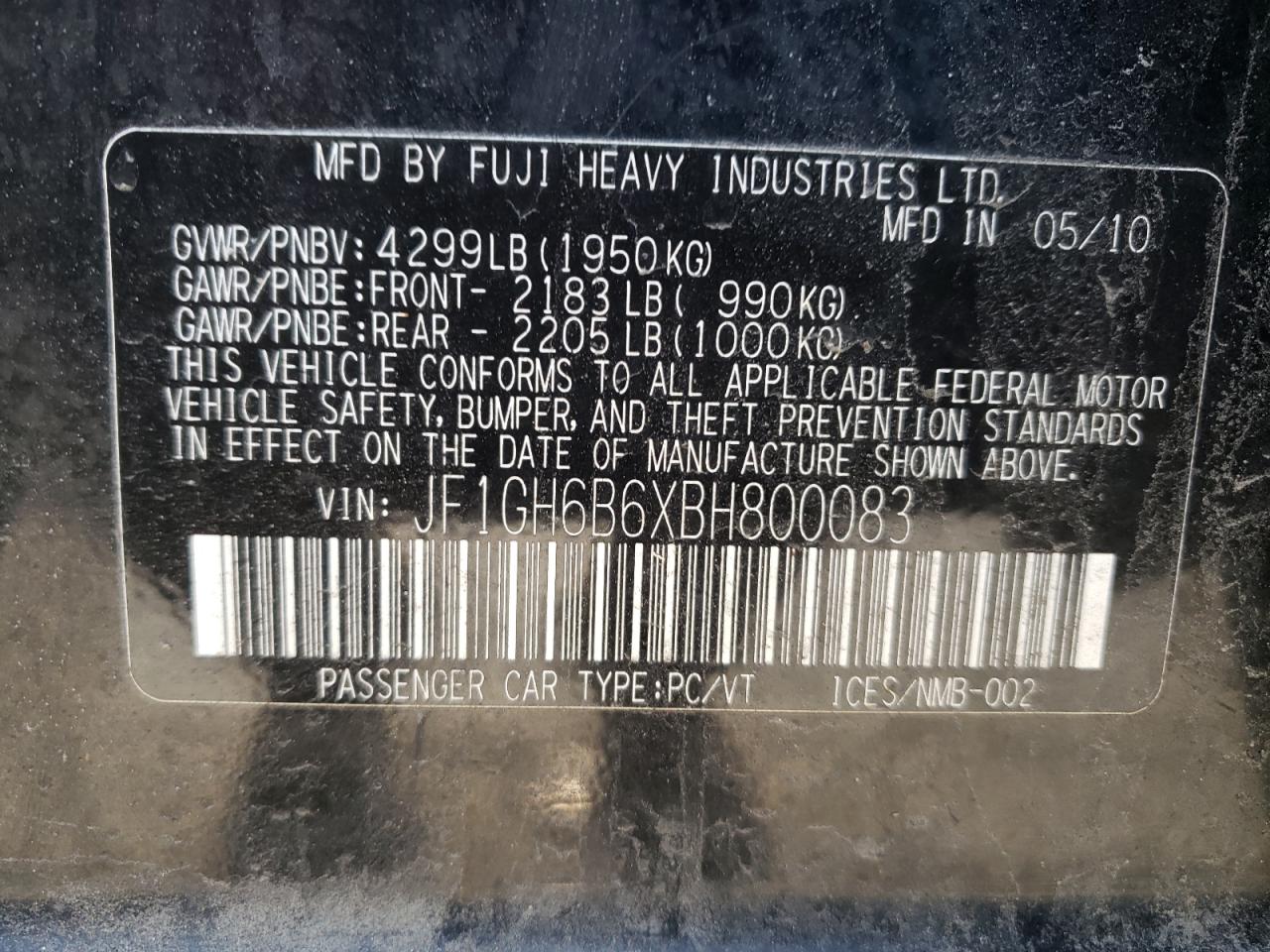 Фото 10 с аукциона – 2011 SUBARU IMPREZA 2. с VIN JF1GH6B6XBH800083