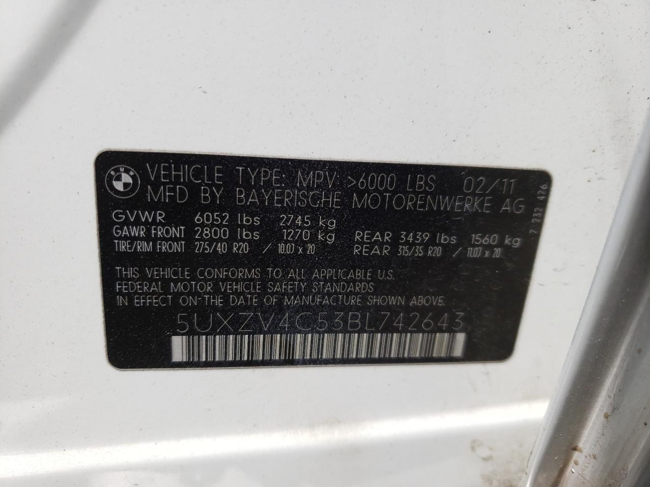 Photo 10 from auction – 2011 BMW X5 XDRIVE3 with VIN 5UXZV4C53BL742643