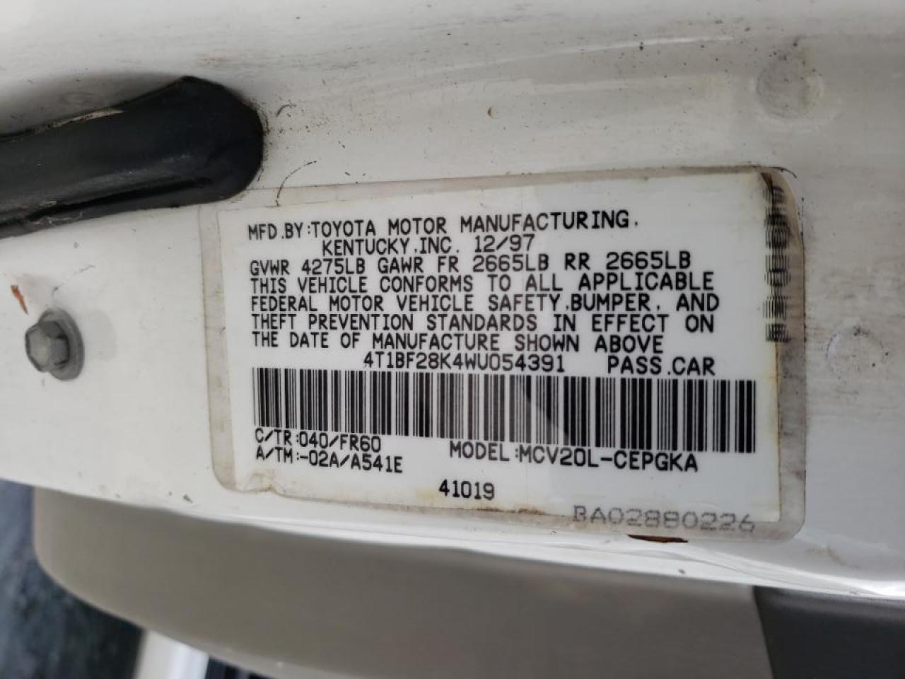 Photo 10 from auction – 1998 TOYOTA CAMRY CE with VIN 4T1BF28K4WU054391
