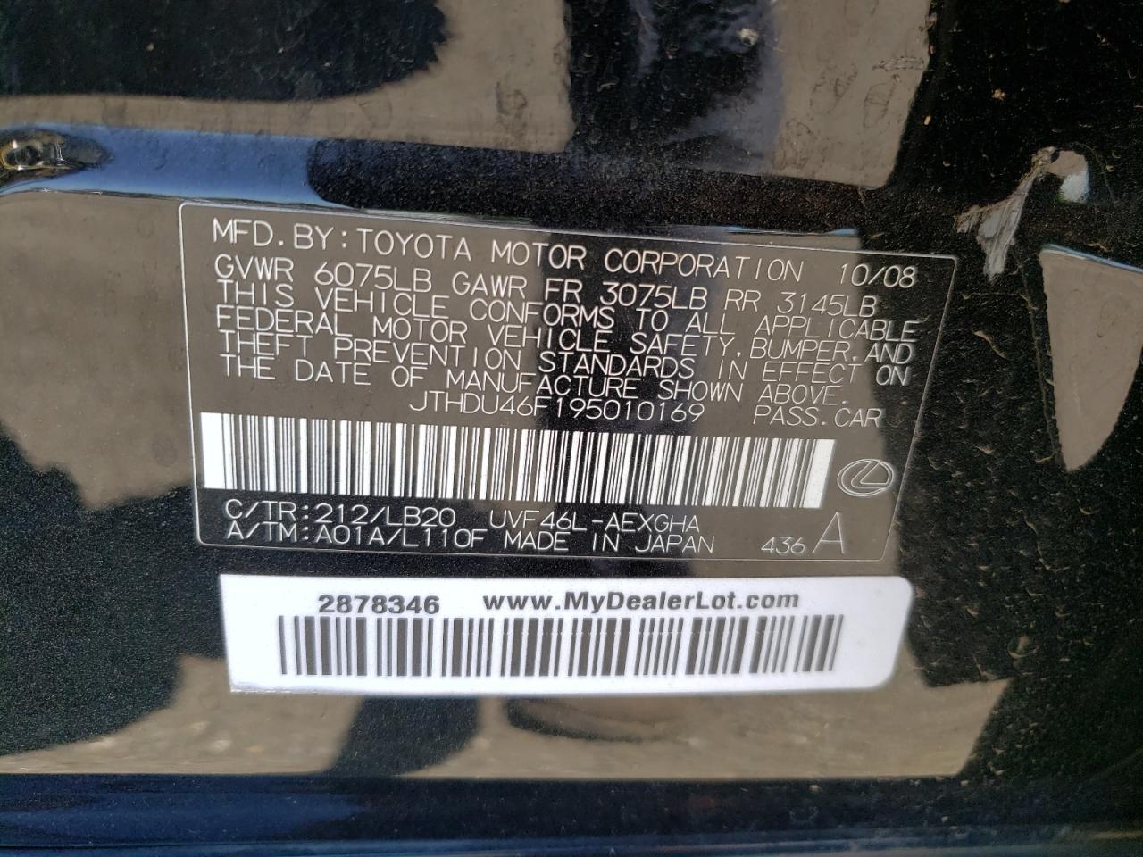 Photo 10 from auction – 2009 LEXUS LS 600HL with VIN JTHDU46F195010169