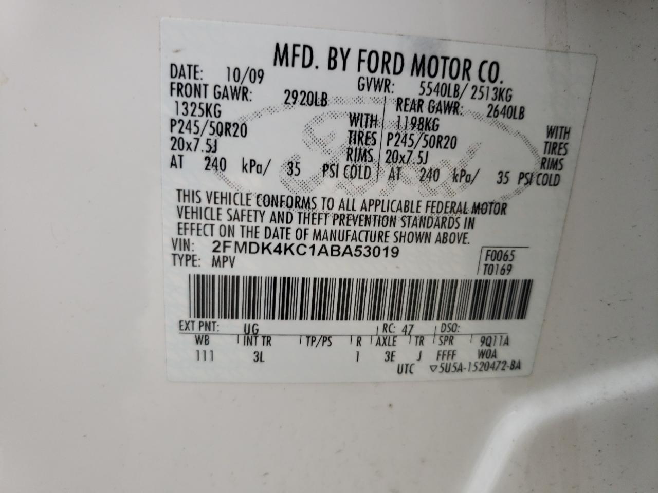 Photo 10 from auction – 2010 FORD EDGE LIMIT with VIN 2FMDK4KC1ABA53019