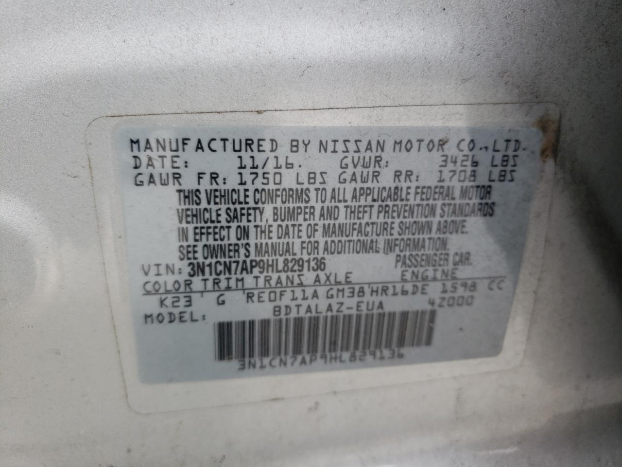 Photo 10 from auction – 2017 NISSAN VERSA S with VIN 3N1CN7AP9HL829136
