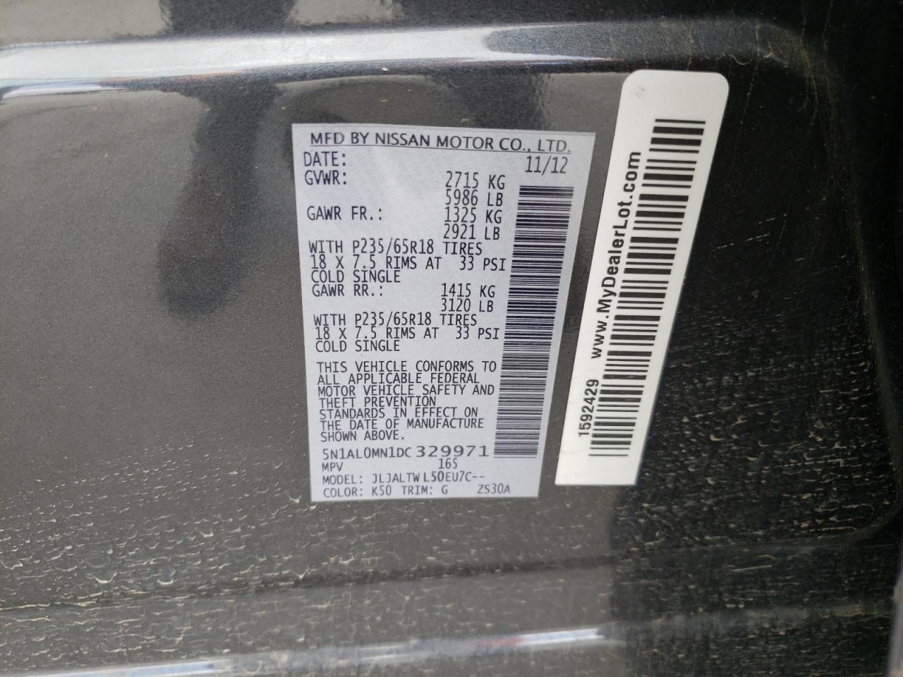 Photo 10 from auction – 2013 INFINITI JX35 with VIN 5N1AL0MN1DC329971