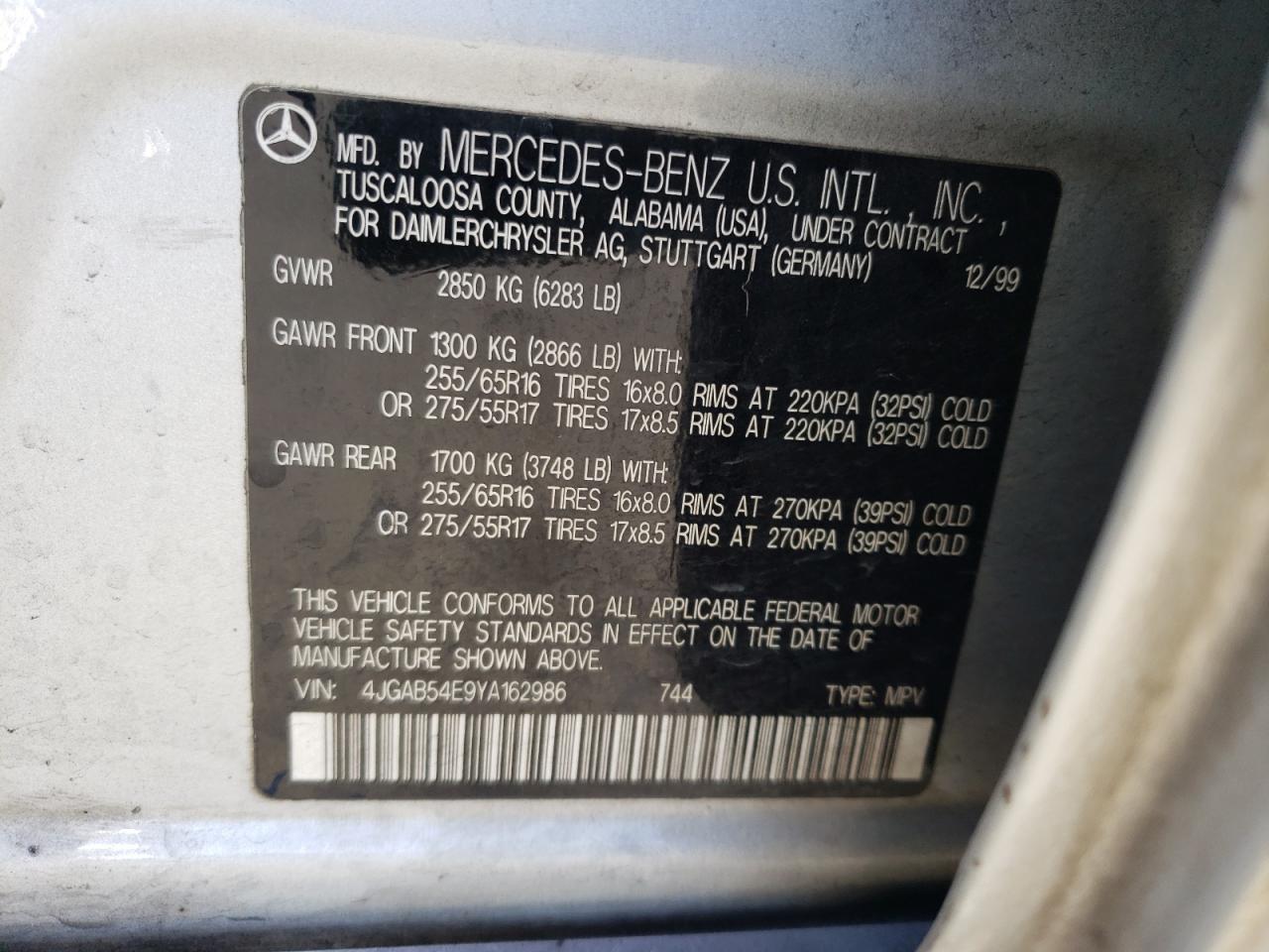 Photo 10 from auction – 2000 MERCEDES-BENZ ML 320 with VIN 4JGAB54E9YA162986