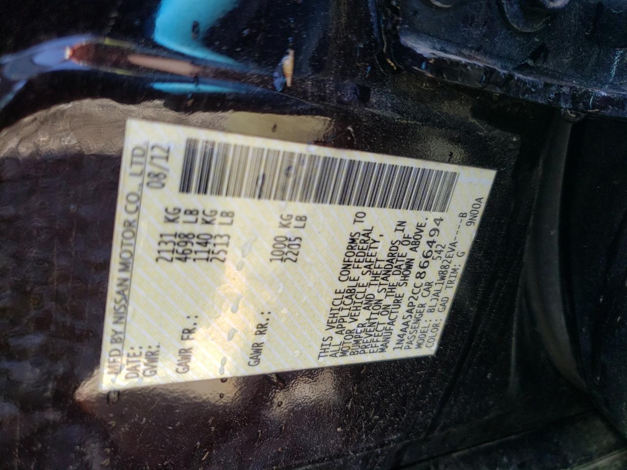 Photo 10 from auction – 2012 NISSAN MAXIMA S with VIN 1N4AA5AP2CC866494