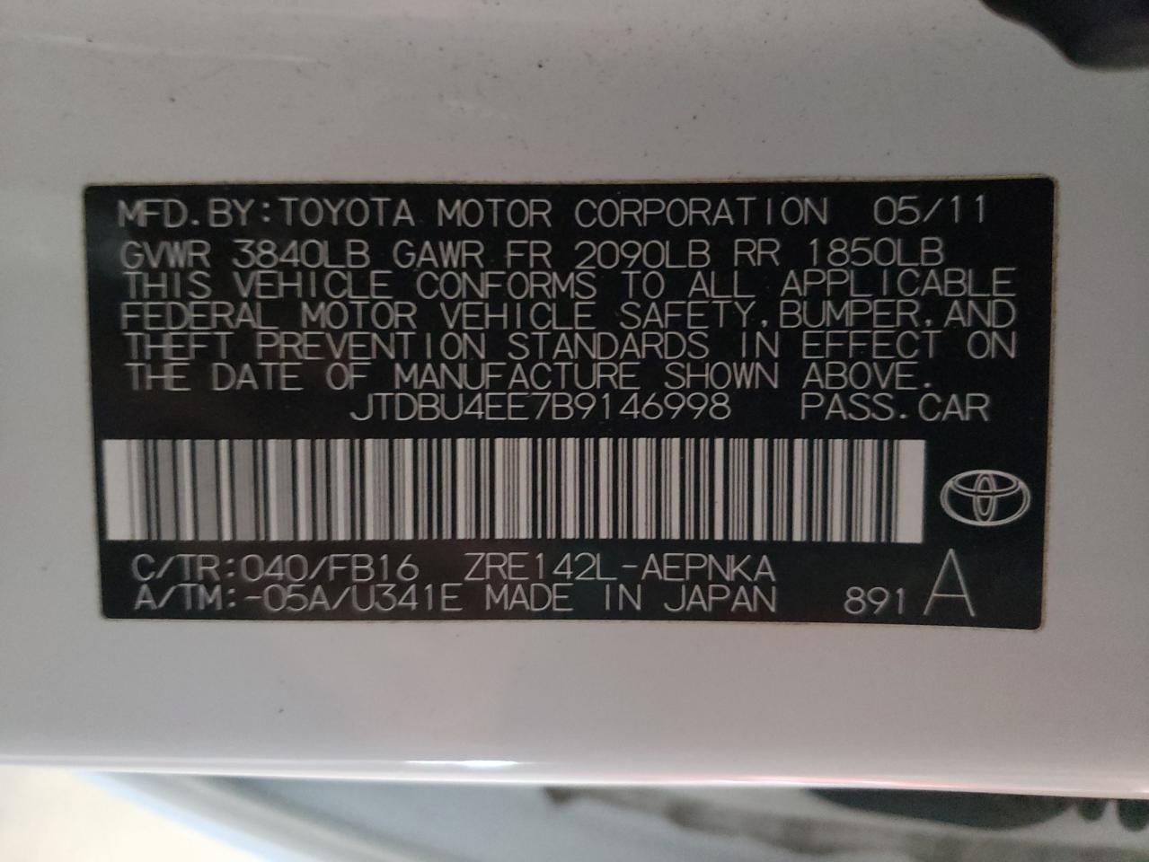 Photo 10 from auction – 2011 TOYOTA COROLLA BA with VIN JTDBU4EE7B9146998