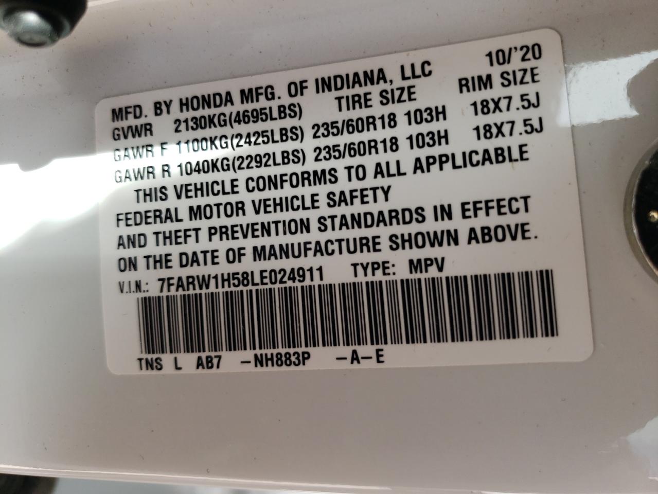 Photo 10 from auction – 2020 HONDA CR-V EX with VIN 7FARW1H58LE024911