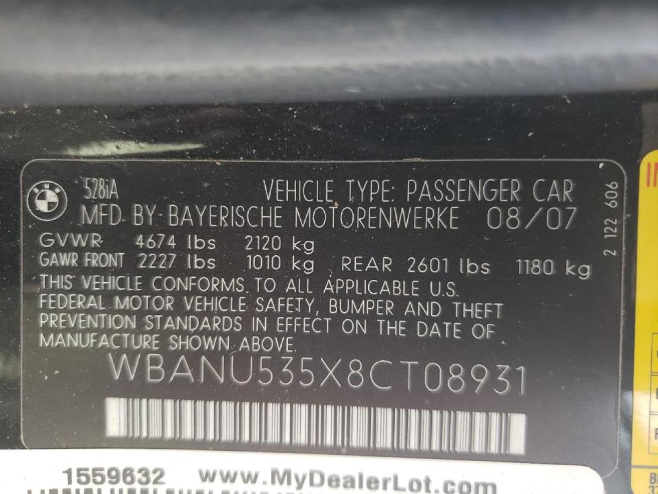 Photo 10 from auction – 2008 BMW 528 I with VIN WBANU535X8CT08931