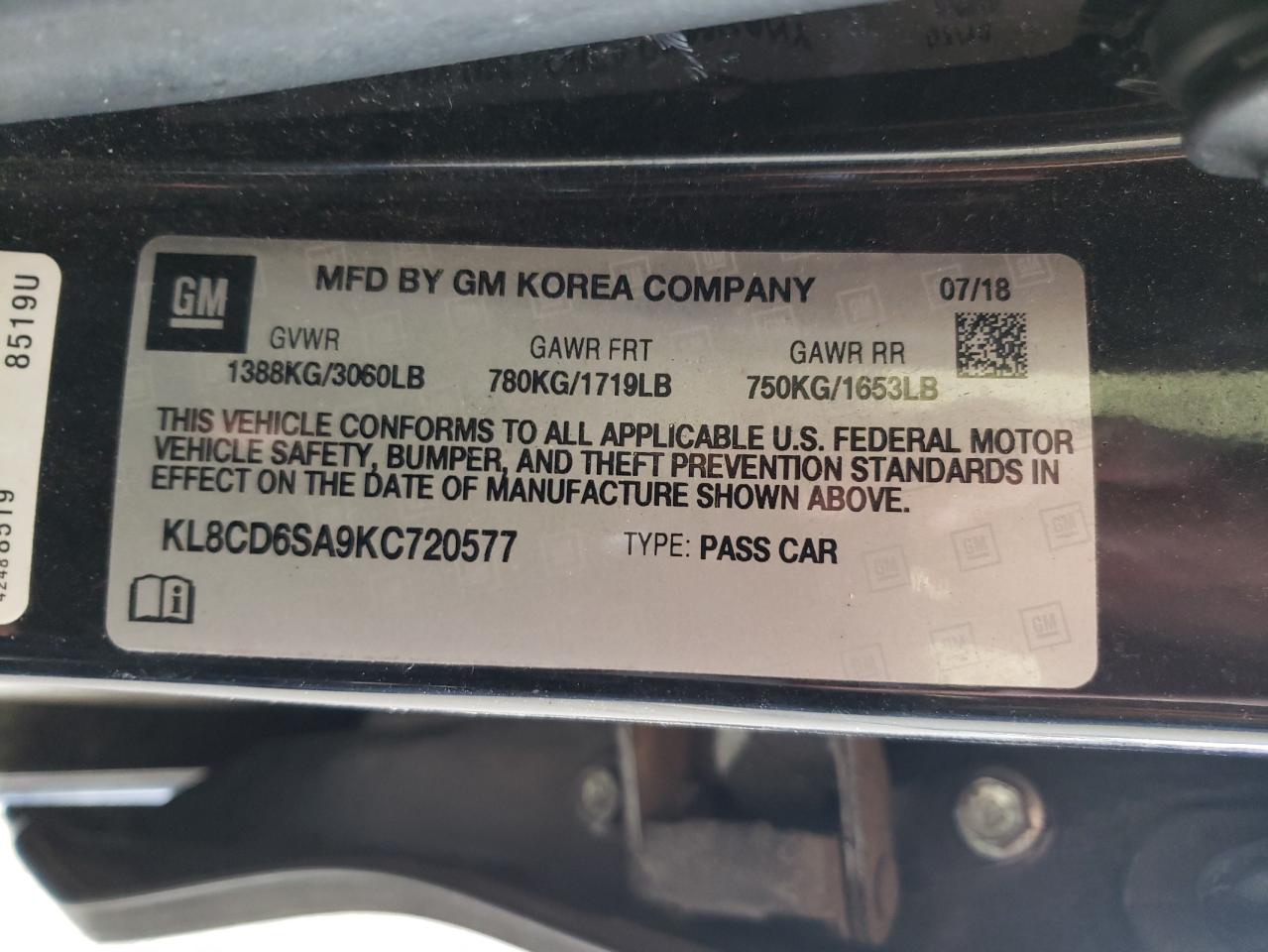 Photo 10 from auction – 2019 CHEVROLET SPARK 1LT with VIN KL8CD6SA9KC720577