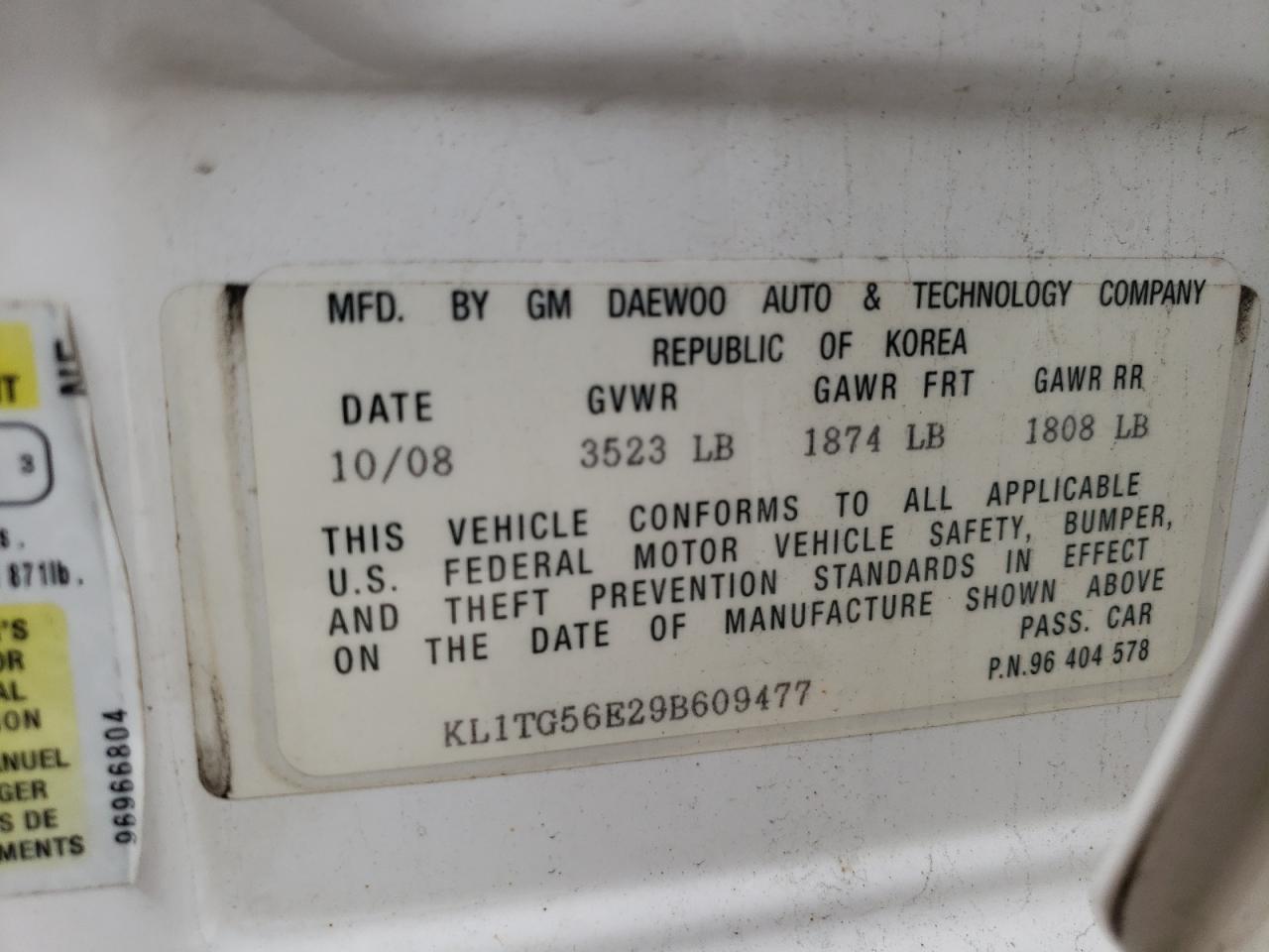 Photo 10 from auction – 2009 CHEVROLET AVEO LT with VIN KL1TG56E29B609477