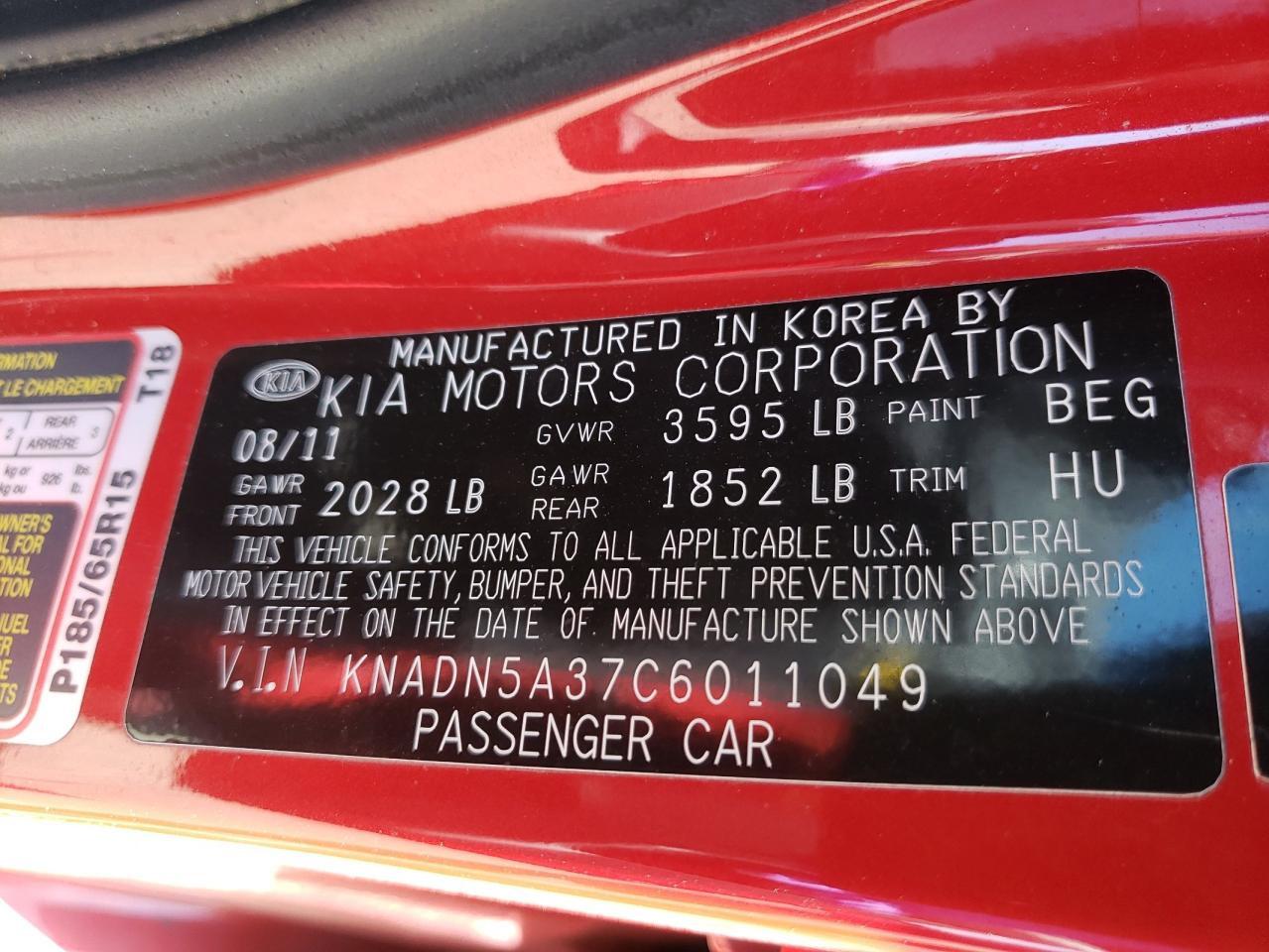 Photo 10 from auction – 2012 KIA RIO EX with VIN KNADN5A37C6011049
