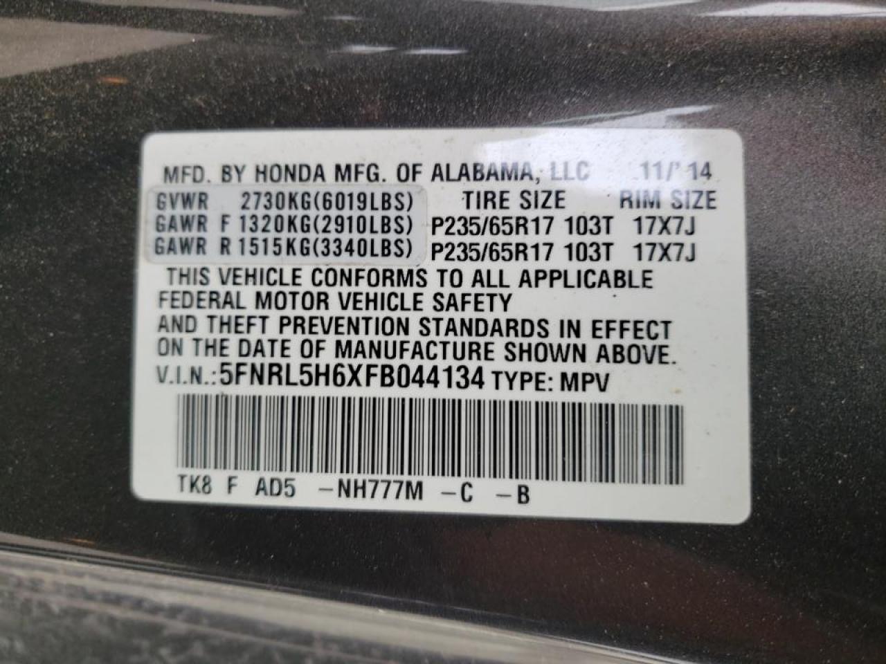 Photo 10 from auction – 2015 HONDA ODYSSEY EX with VIN 5FNRL5H6XFB044134