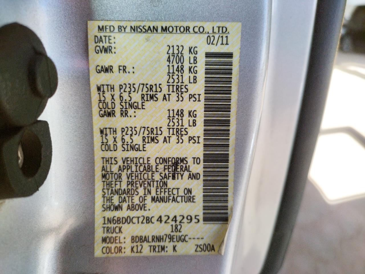 Photo 10 from auction – 2011 NISSAN FRONTIER S with VIN 1N6BD0CT2BC424295