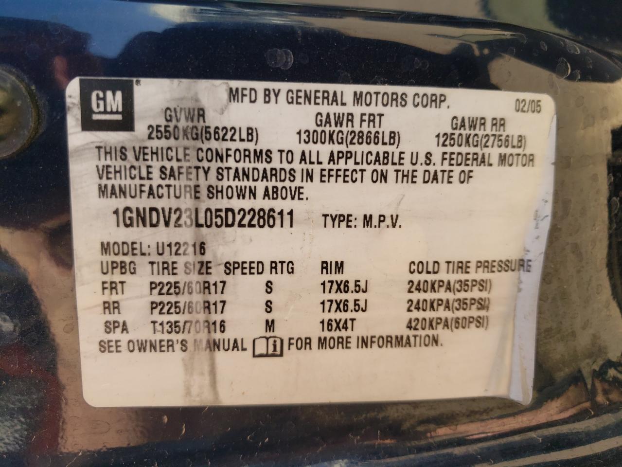 Photo 10 from auction – 2005 CHEVROLET UPLANDER L with VIN 1GNDV23L05D228611