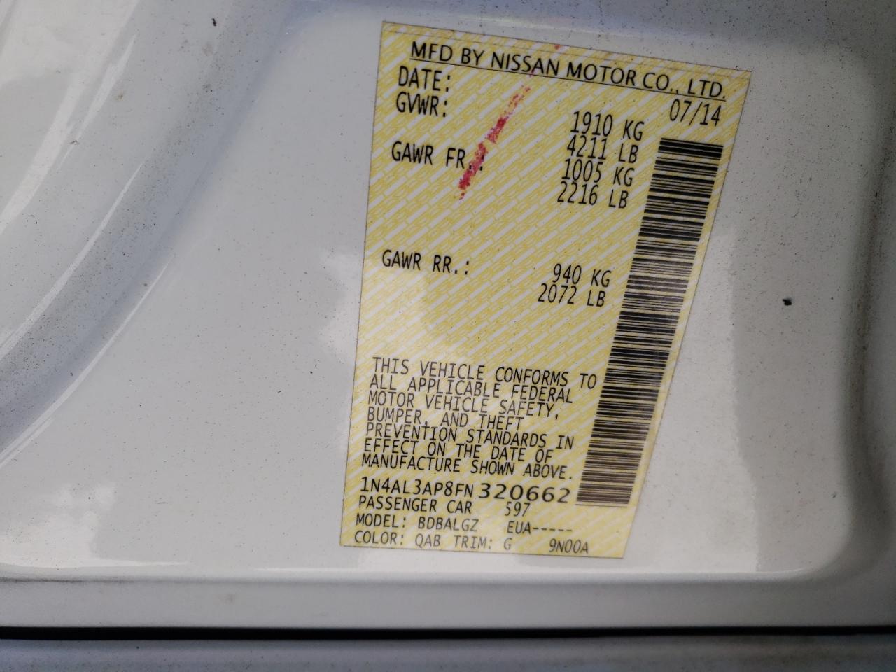 Photo 10 from auction – 2015 NISSAN ALTIMA 2.5 with VIN 1N4AL3AP8FN320662