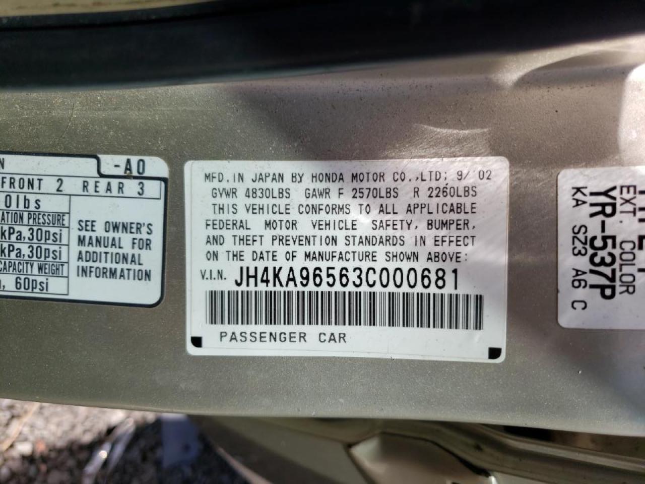 Photo 10 from auction – 2003 ACURA 3.5RL with VIN JH4KA96563C000681