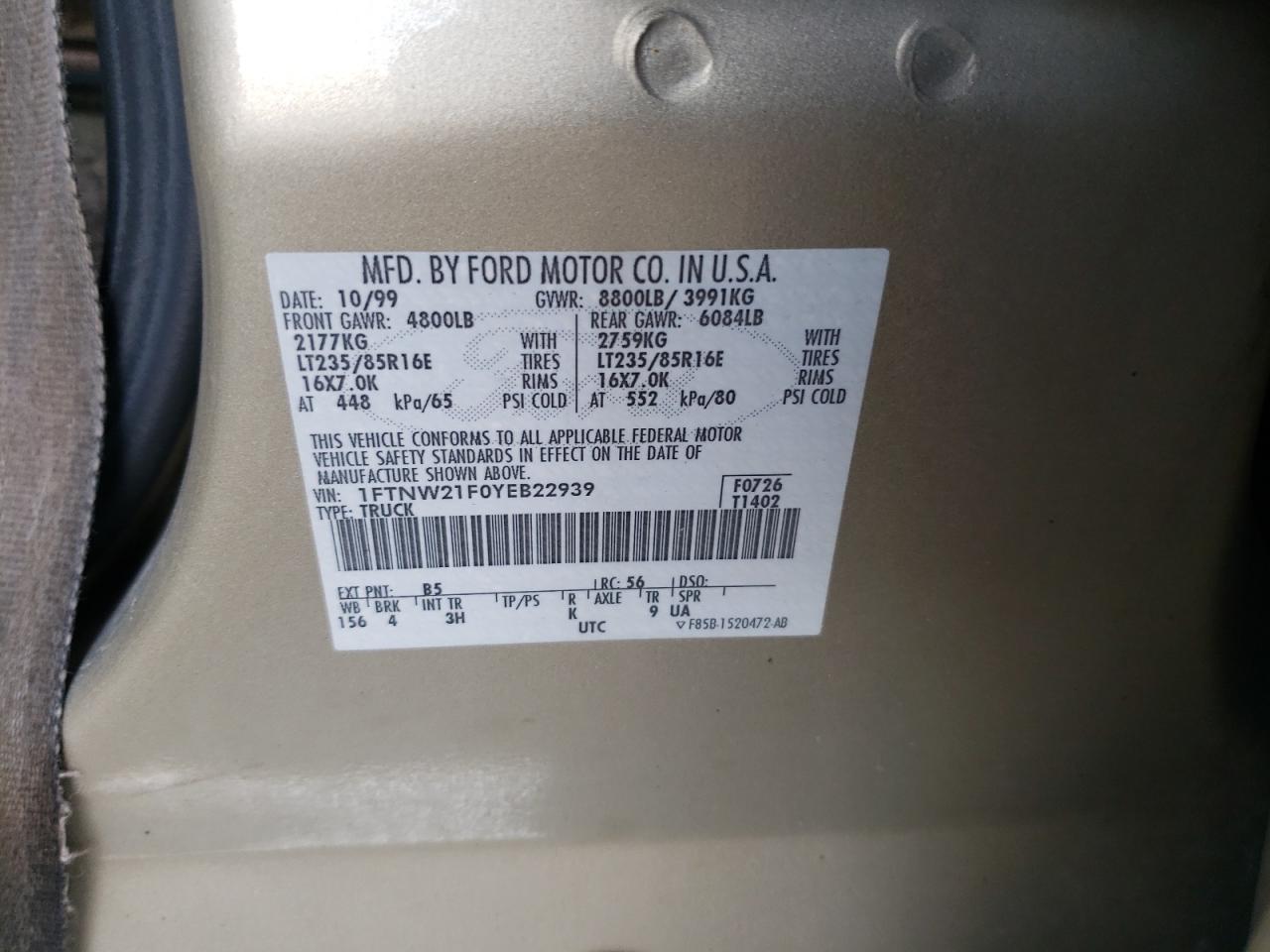 Photo 10 from auction – 2000 FORD F250 SUPER with VIN 1FTNW21F0YEB22939