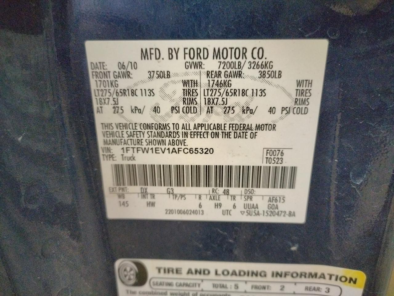 Photo 10 from auction – 2010 FORD F150 SUPER with VIN 1FTFW1EV1AFC65320