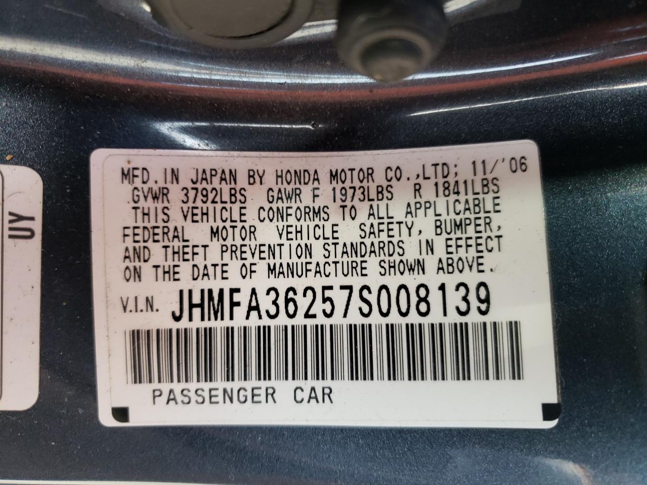 Photo 10 from auction – 2007 HONDA CIVIC with VIN JHMFA36257S008139