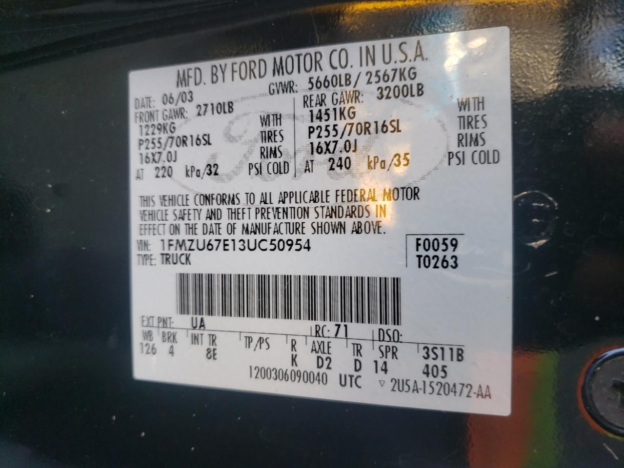 Photo 10 from auction – 2003 FORD EXPSPRTRAC with VIN 1FMZU67E13UC50954