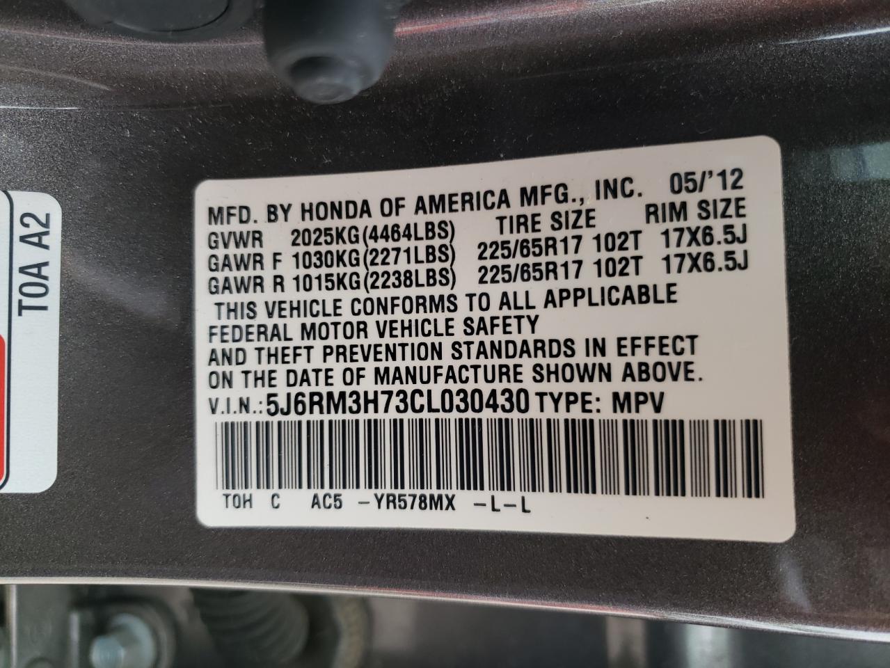 Photo 10 from auction – 2012 HONDA CR-V EXL with VIN 5J6RM3H73CL030430