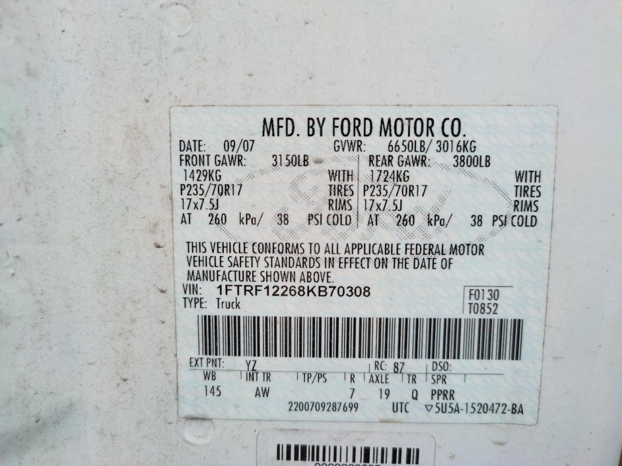 Photo 10 from auction – 2008 FORD F150 with VIN 1FTRF12268KB70308