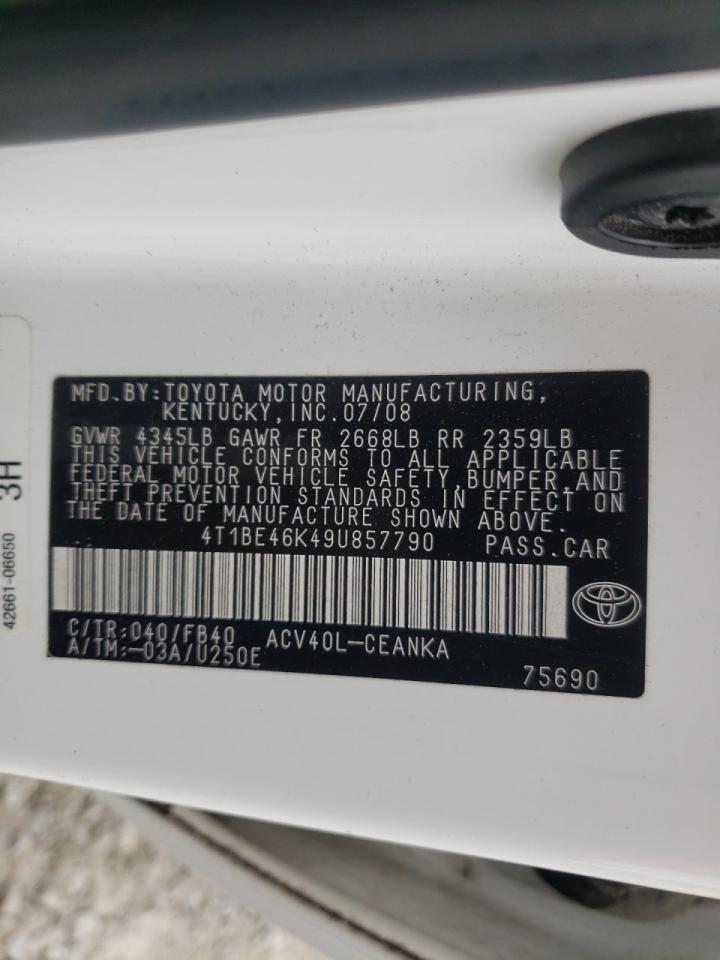 Photo 10 from auction – 2009 TOYOTA CAMRY BASE with VIN 4T1BE46K49U857790