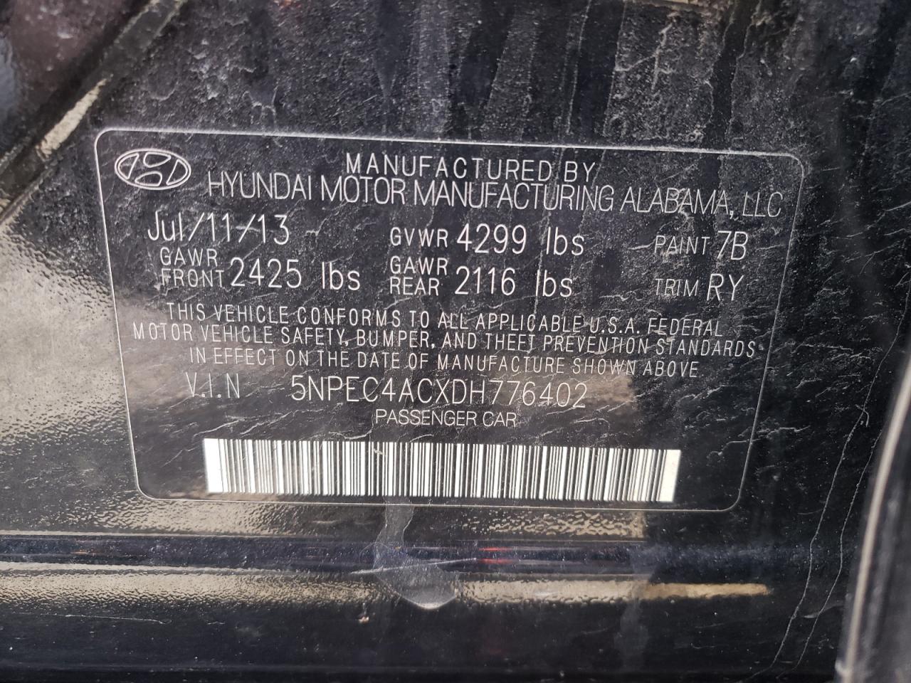 Photo 10 from auction – 2013 HYUNDAI SONATA SE with VIN 5NPEC4ACXDH776402