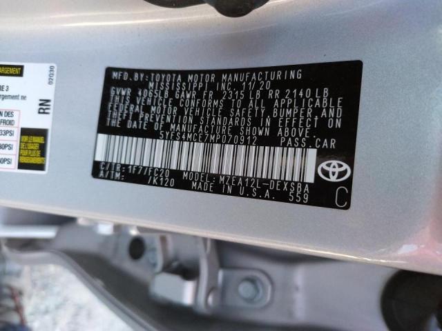 Photo 10 from auction – 2021 TOYOTA COROLLA SE with VIN 5YFS4MCE7MP070912