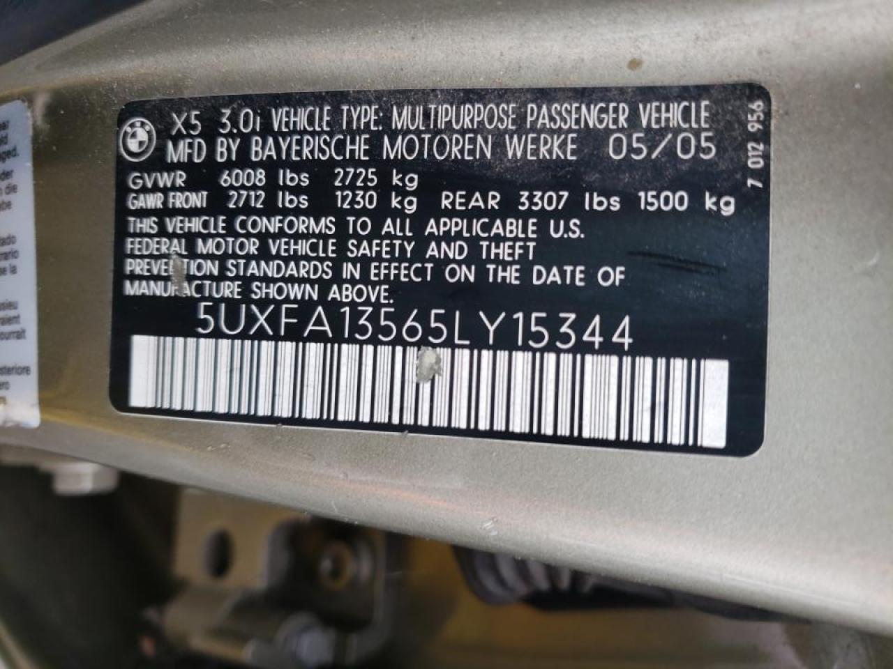 Фото 10 с аукциона – 2005 BMW X5 3.0I с VIN 5UXFA13565LY15344