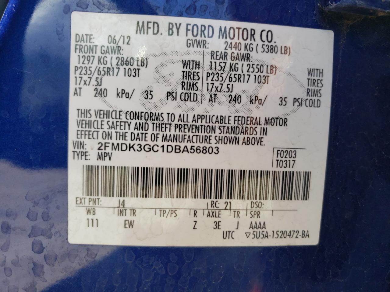 Photo 10 from auction – 2013 FORD EDGE SE with VIN 2FMDK3GC1DBA56803