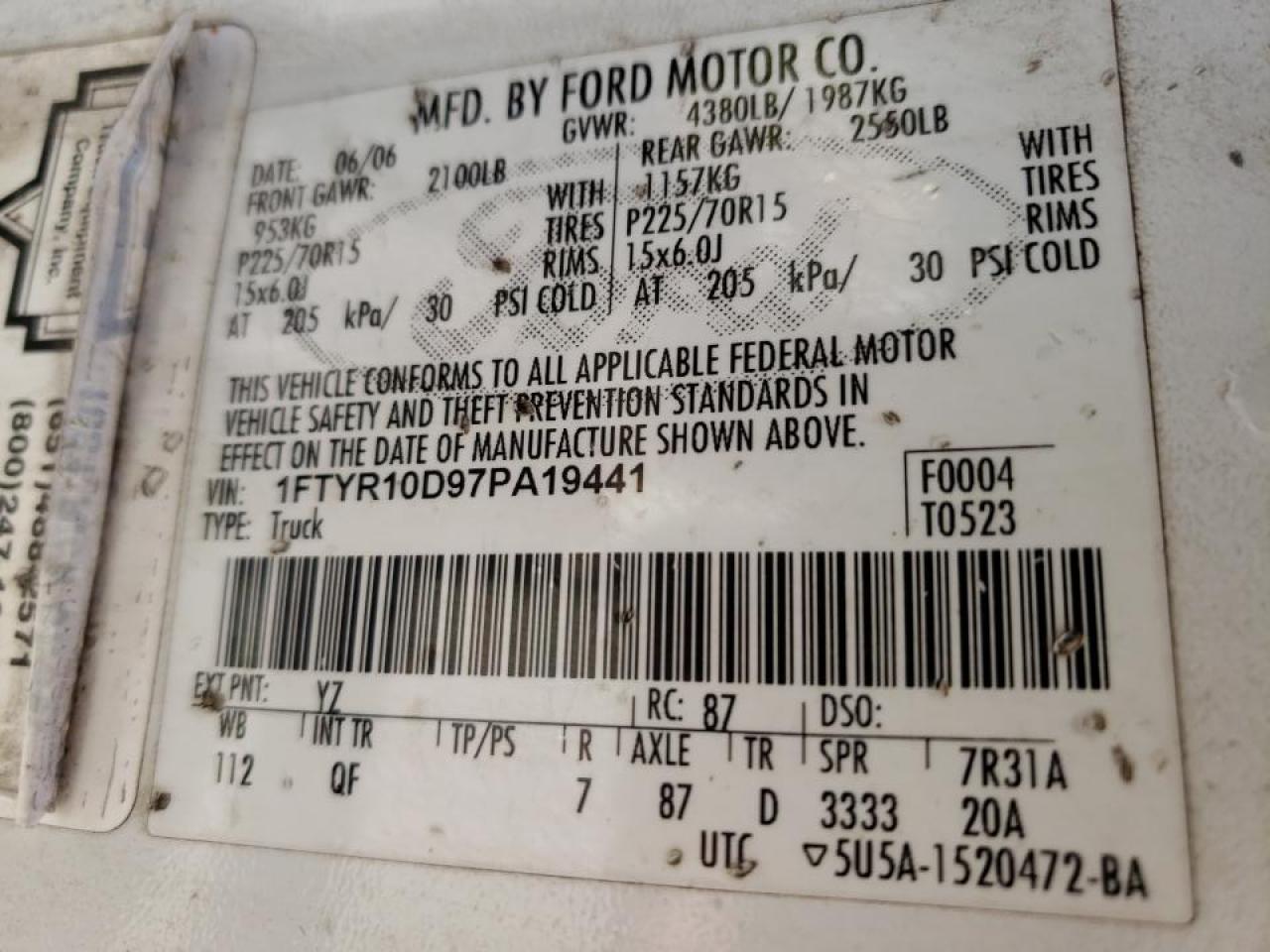 Photo 10 from auction – 2007 FORD RANGER with VIN 1FTYR10D97PA19441