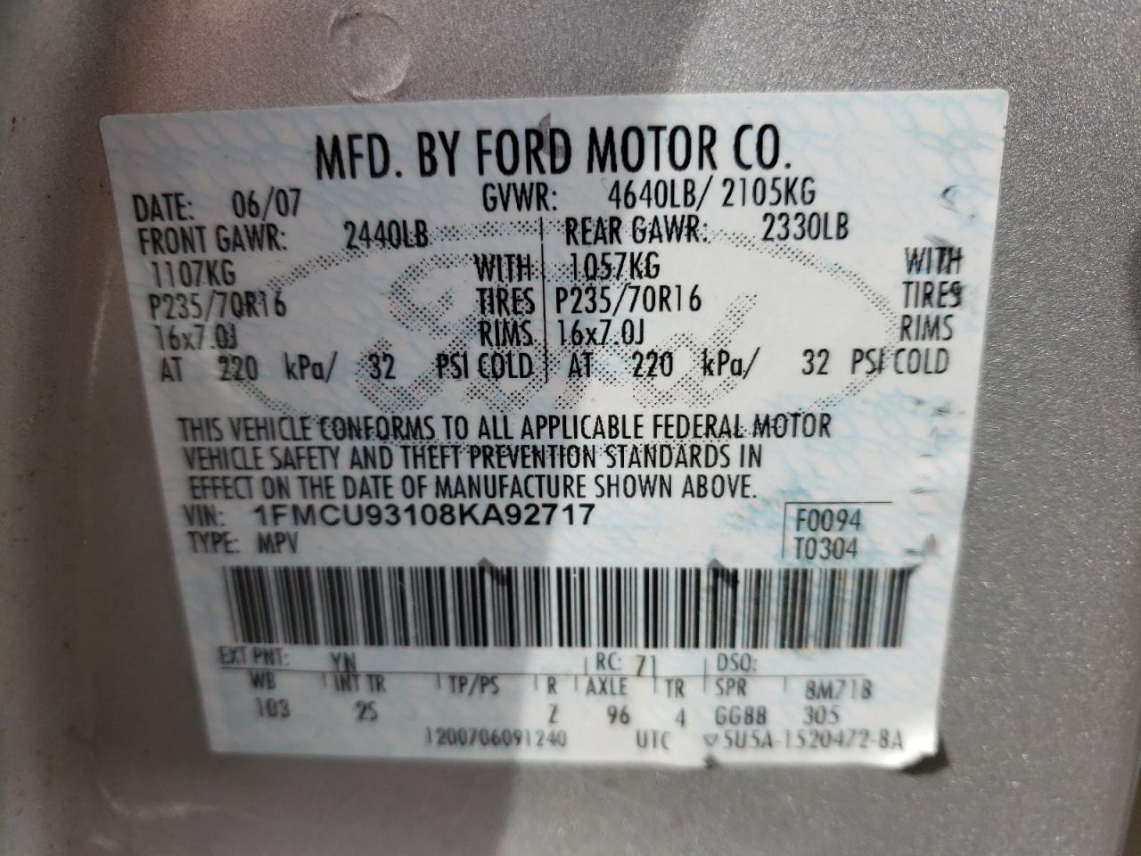 Photo 10 from auction – 2008 FORD ESCAPE XLT with VIN 1FMCU93108KA92717