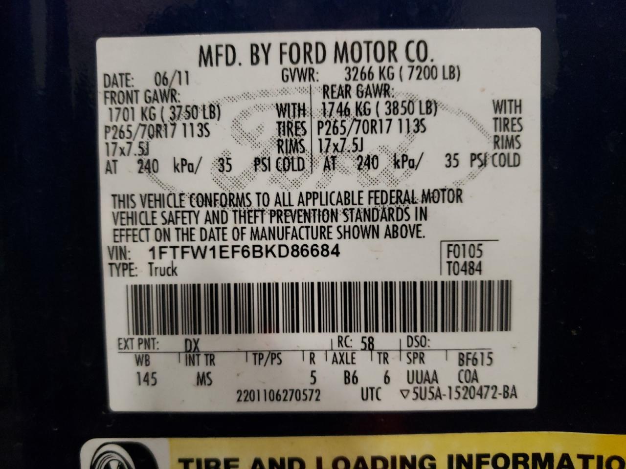 Photo 10 from auction – 2011 FORD F150 SUPER with VIN 1FTFW1EF6BKD86684