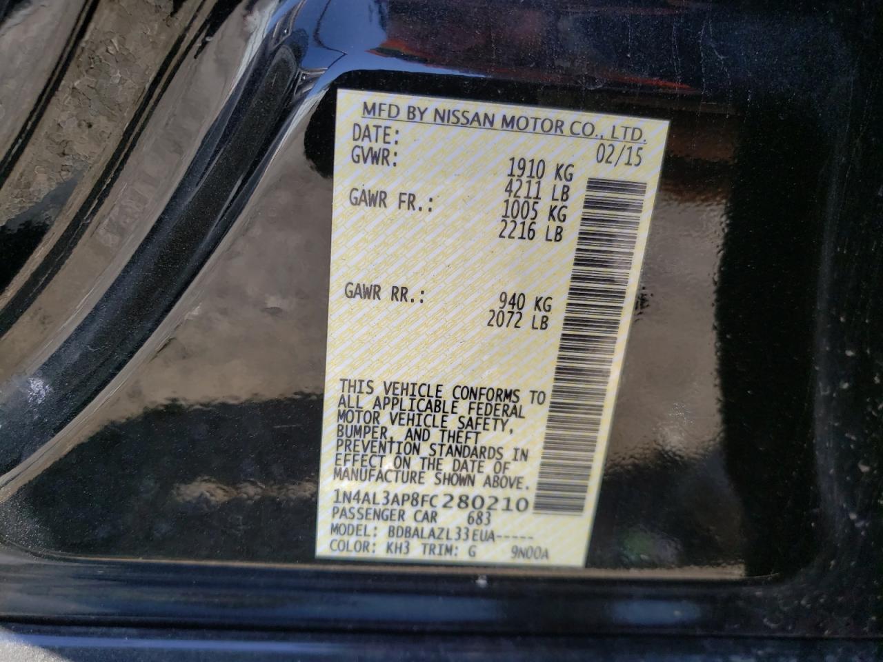 Photo 10 from auction – 2015 NISSAN ALTIMA 2.5 with VIN 1N4AL3AP8FC280210