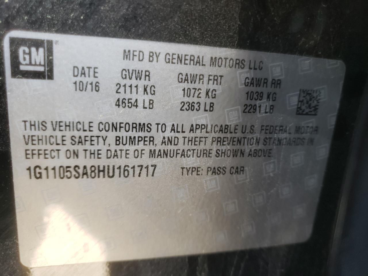 Photo 10 from auction – 2017 CHEVROLET IMPALA LT with VIN 1G1105SA8HU161717
