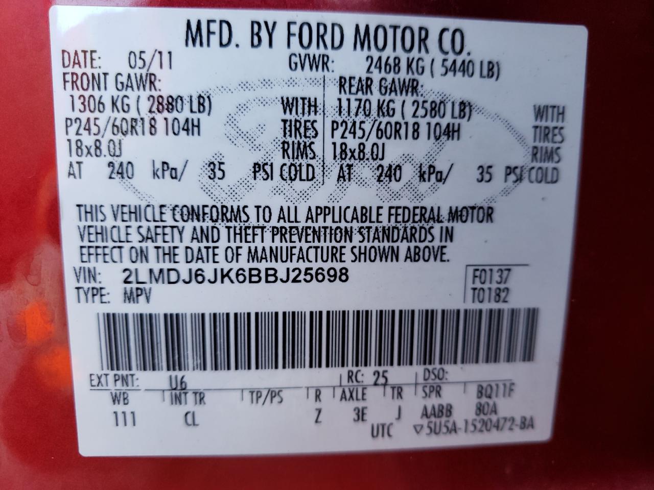 Photo 10 from auction – 2011 LINCOLN MKX with VIN 2LMDJ6JK6BBJ25698